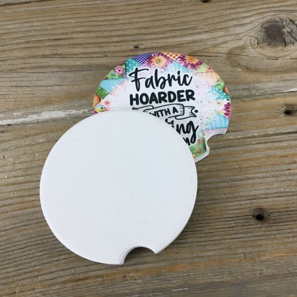 Fabric Hoarder with a Quilting Problem – Set of 2 Sandstone Car Coasters – Funny - Picture 3 of 5